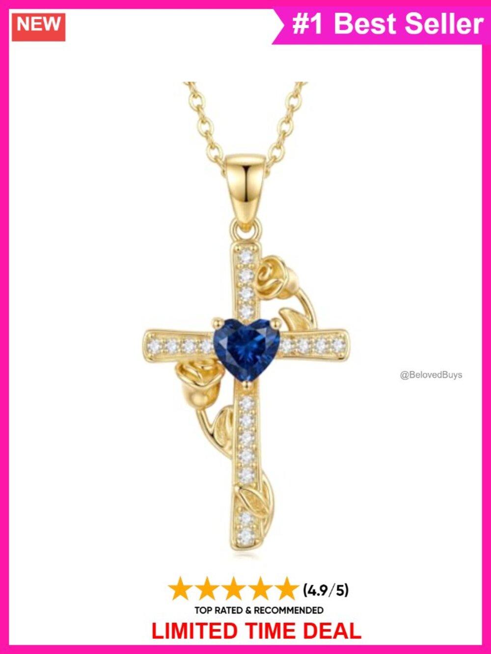Rose Cross Necklace 14K Gold Plated with Birthstone Pendant 18 Inch